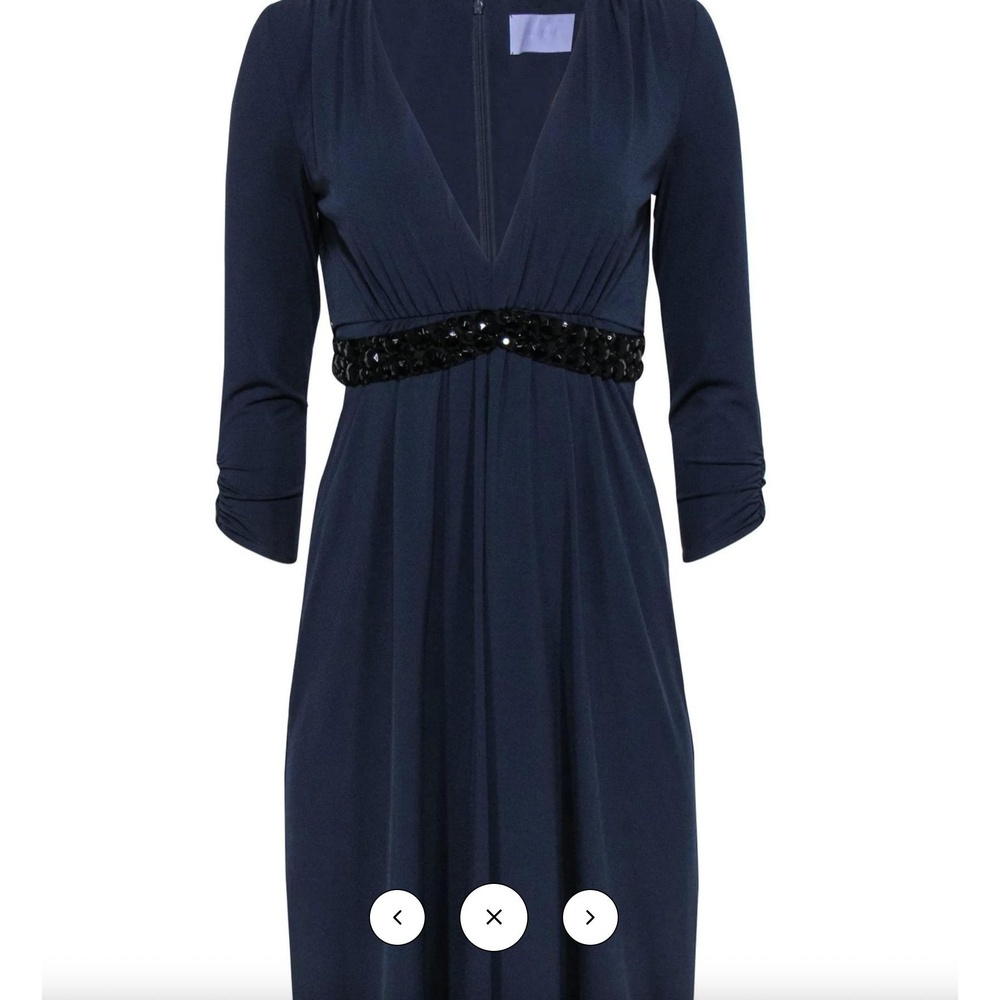 Vera Wang Lavender Label Navy Blue Beaded Waist Long Sleeve Cocktail Dress